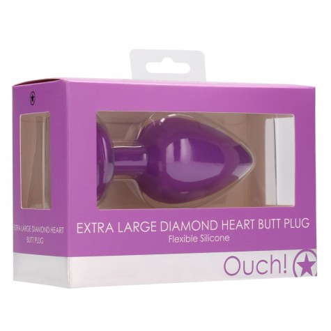 Фиолетовая анальная пробка с прозрачным стразом Extra Large Diamond Heart Butt Plug - 9,5 см.