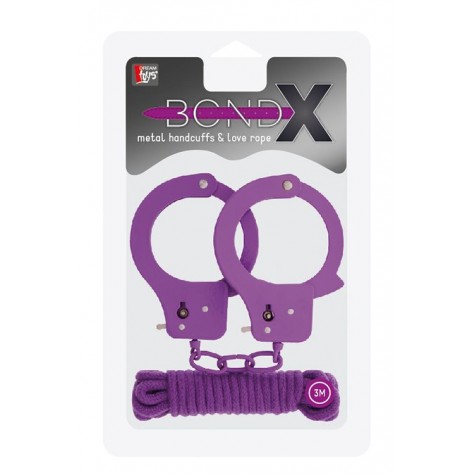 Фиолетовые наручники из листового металла в комплекте с веревкой BONDX METAL CUFFS&LOVE ROPE SET